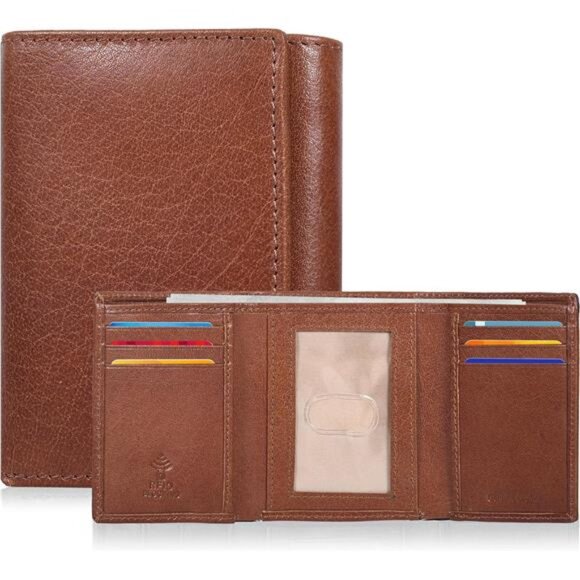 Real Leather Trifold Wallet for Men Orange Brown